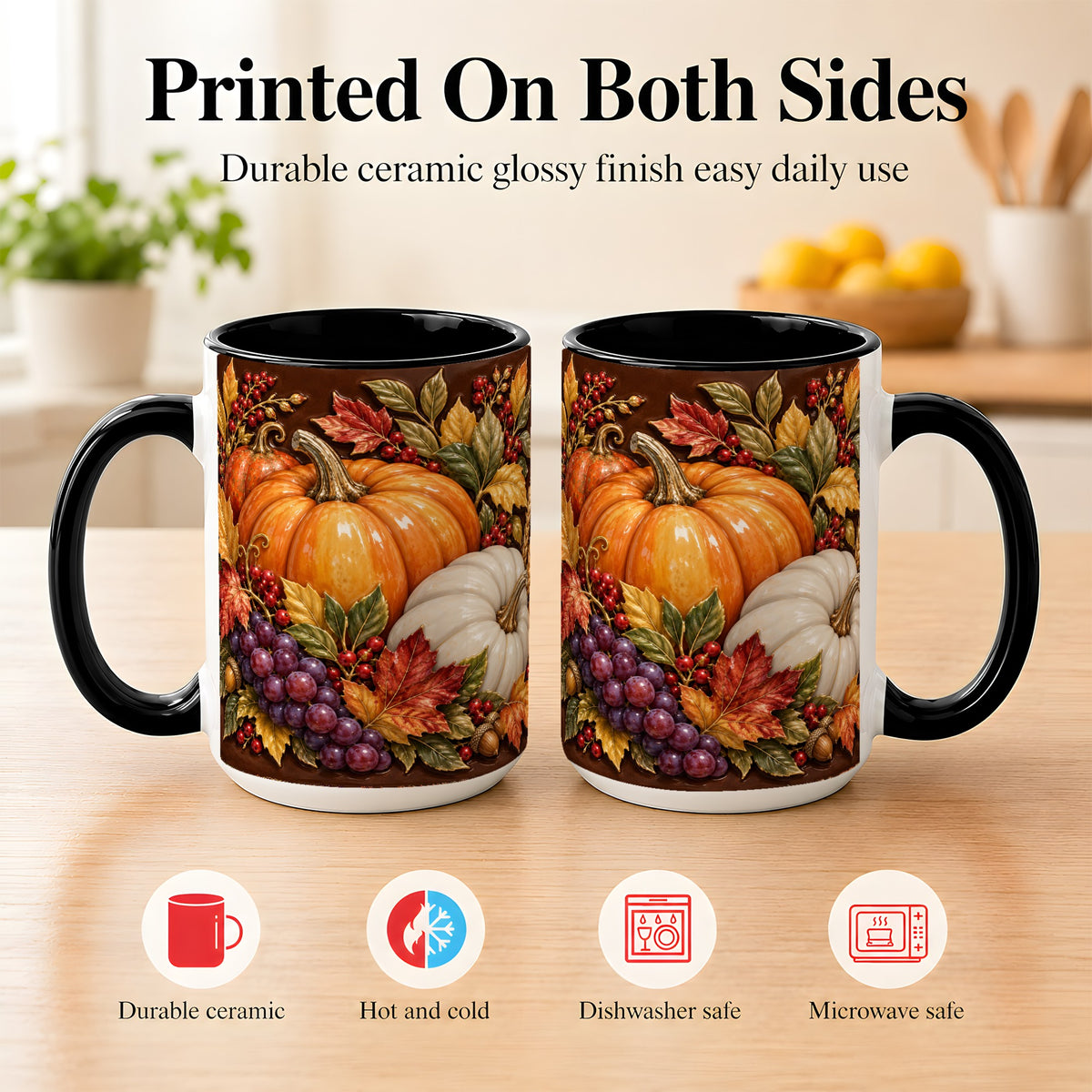 #pl[15oz|Black] Ornate Pumpkin Harvest Coffee Mug, Autumn Leaves Mug, Ceramic Cup