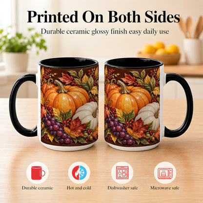 #pl[15oz|Black] Ornate Pumpkin Harvest Coffee Mug, Autumn Leaves Mug, Ceramic Cup