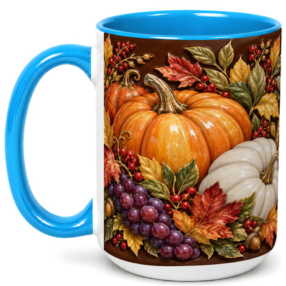 #pl[15oz|Blue] Ornate Pumpkin Harvest Coffee Mug, Autumn Leaves Mug, Ceramic Cup