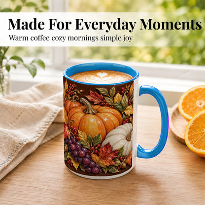 #pl[15oz|Blue] Ornate Pumpkin Harvest Coffee Mug, Autumn Leaves Mug, Ceramic Cup
