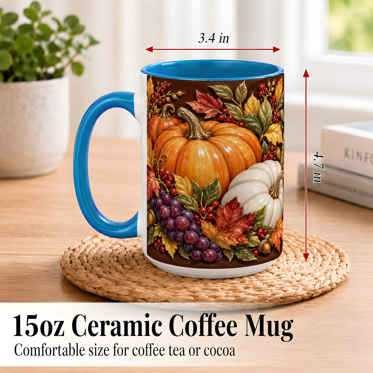 #pl[15oz|Blue] Ornate Pumpkin Harvest Coffee Mug, Autumn Leaves Mug, Ceramic Cup