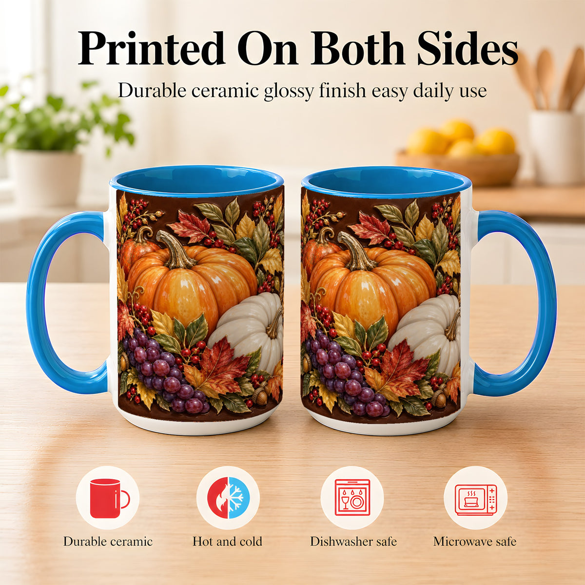 #pl[15oz|Blue] Ornate Pumpkin Harvest Coffee Mug, Autumn Leaves Mug, Ceramic Cup