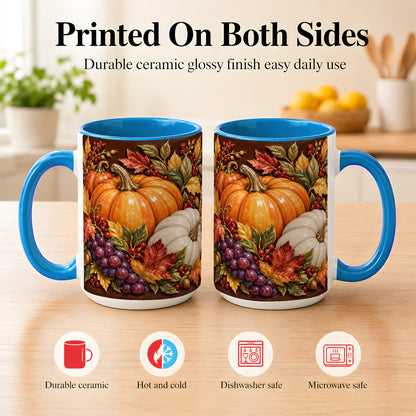 #pl[15oz|Blue] Ornate Pumpkin Harvest Coffee Mug, Autumn Leaves Mug, Ceramic Cup