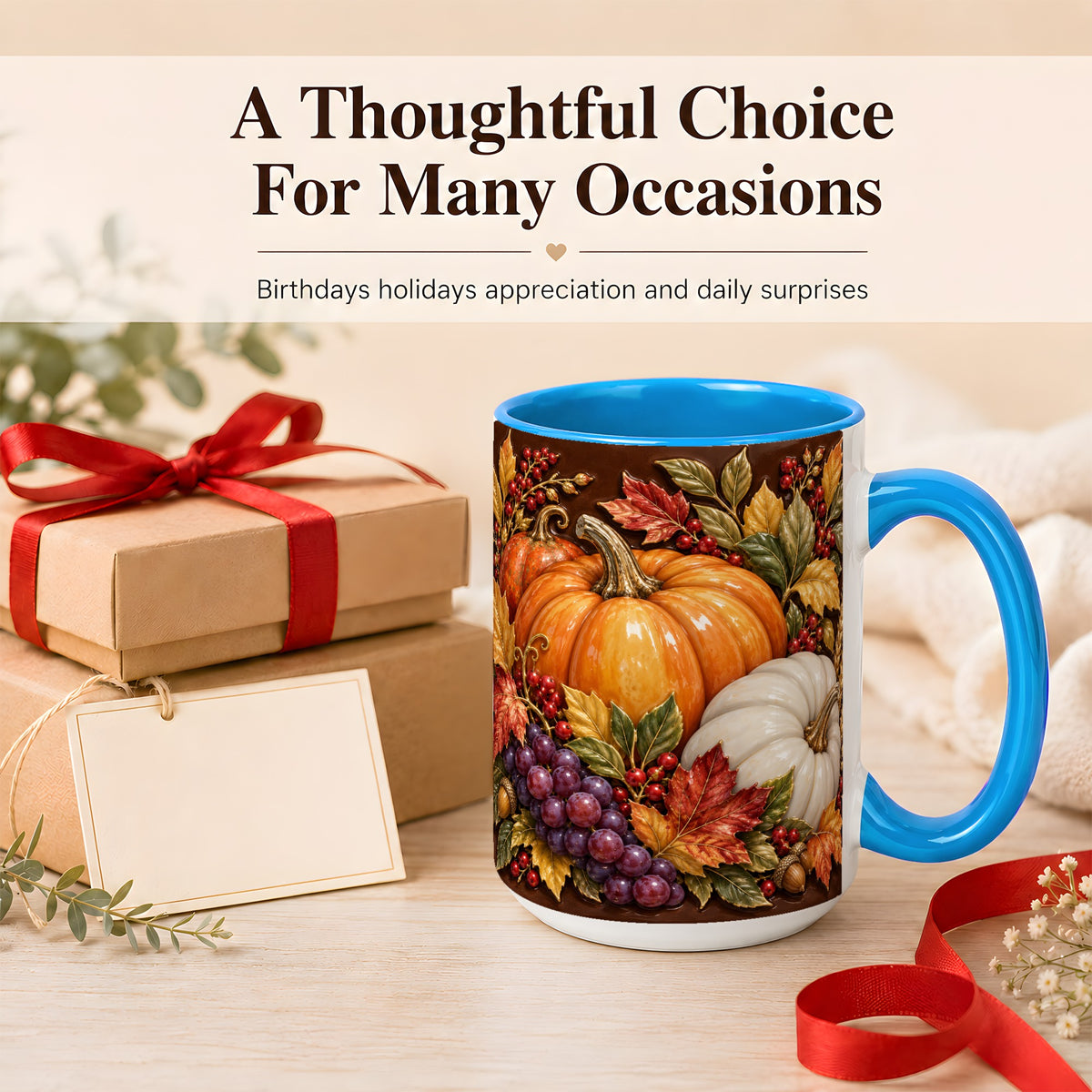 #pl[15oz|Blue] Ornate Pumpkin Harvest Coffee Mug, Autumn Leaves Mug, Ceramic Cup