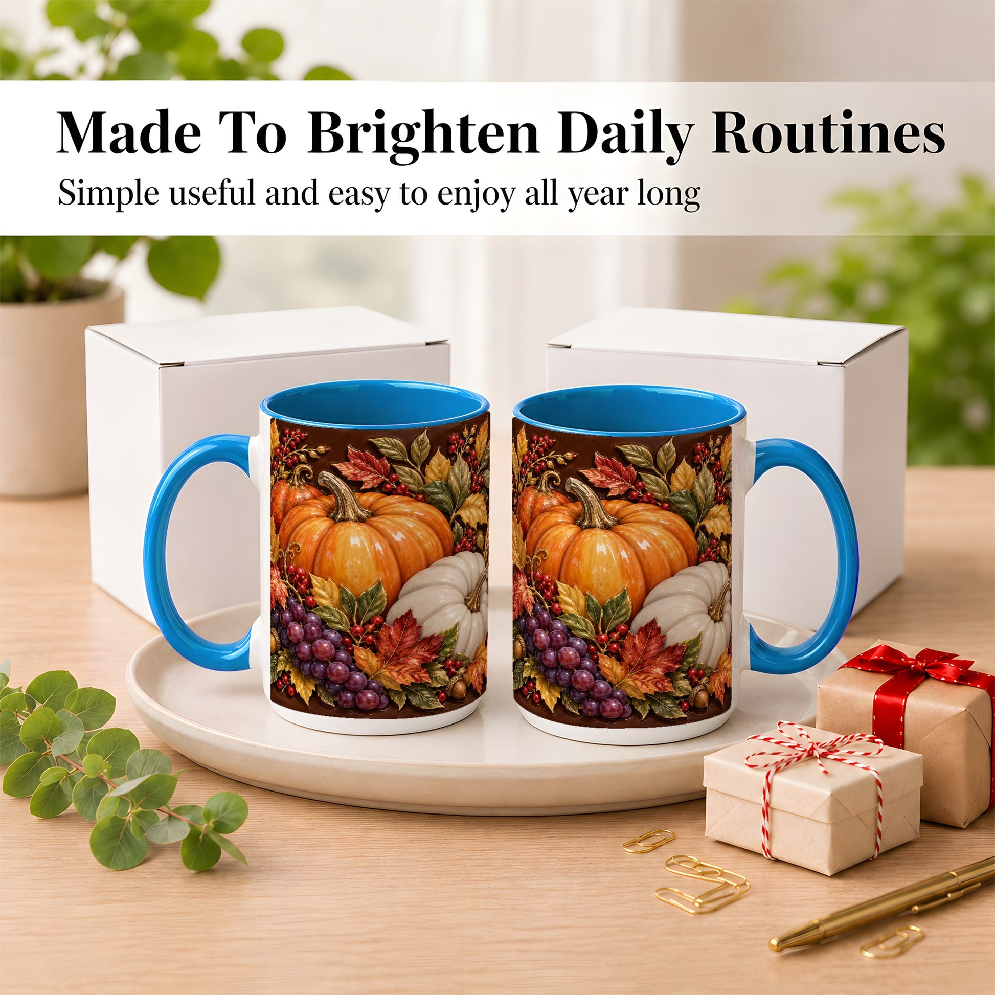 #pl[15oz|Blue] Ornate Pumpkin Harvest Coffee Mug, Autumn Leaves Mug, Ceramic Cup