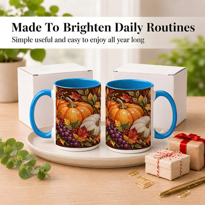 #pl[15oz|Blue] Ornate Pumpkin Harvest Coffee Mug, Autumn Leaves Mug, Ceramic Cup