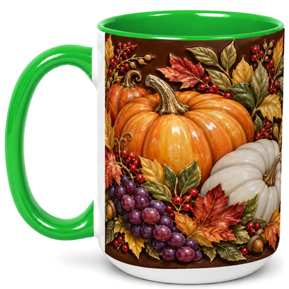 #pl[15oz|Green] Ornate Pumpkin Harvest Coffee Mug, Autumn Leaves Mug, Ceramic Cup