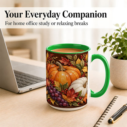 #pl[15oz|Green] Ornate Pumpkin Harvest Coffee Mug, Autumn Leaves Mug, Ceramic Cup