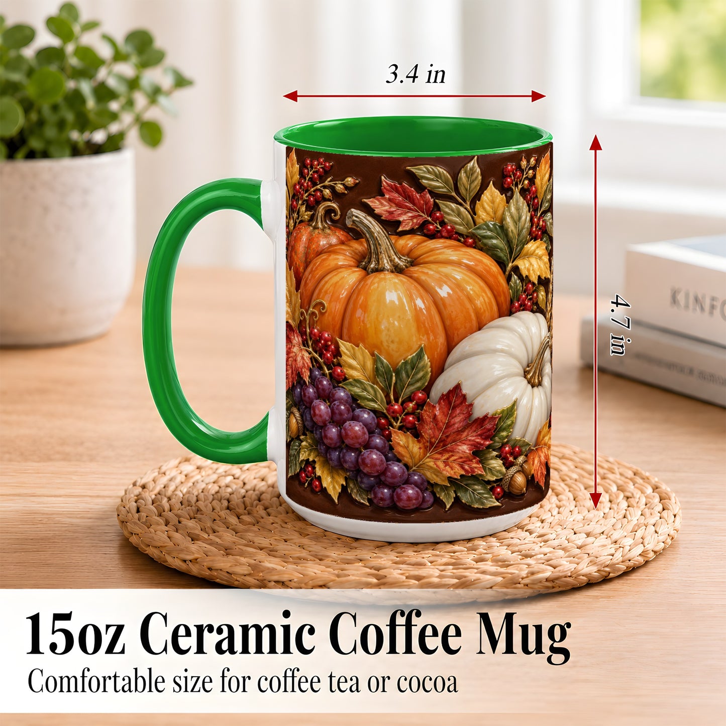 #pl[15oz|Green] Ornate Pumpkin Harvest Coffee Mug, Autumn Leaves Mug, Ceramic Cup