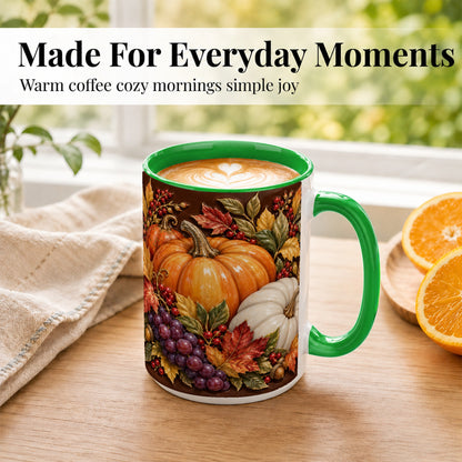 #pl[15oz|Green] Ornate Pumpkin Harvest Coffee Mug, Autumn Leaves Mug, Ceramic Cup