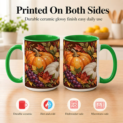 #pl[15oz|Green] Ornate Pumpkin Harvest Coffee Mug, Autumn Leaves Mug, Ceramic Cup