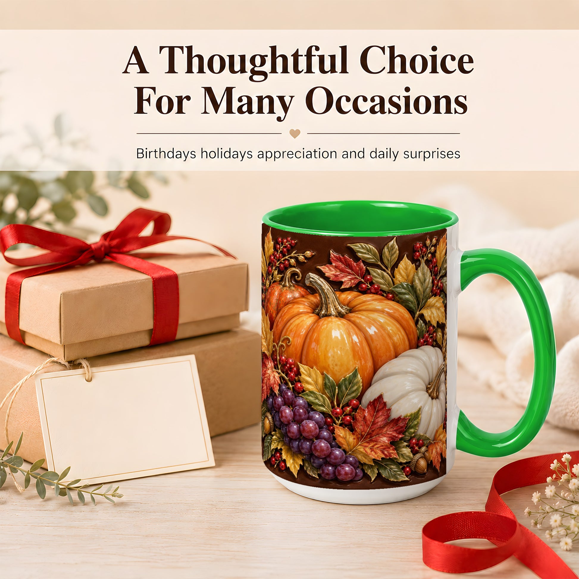 #pl[15oz|Green] Ornate Pumpkin Harvest Coffee Mug, Autumn Leaves Mug, Ceramic Cup