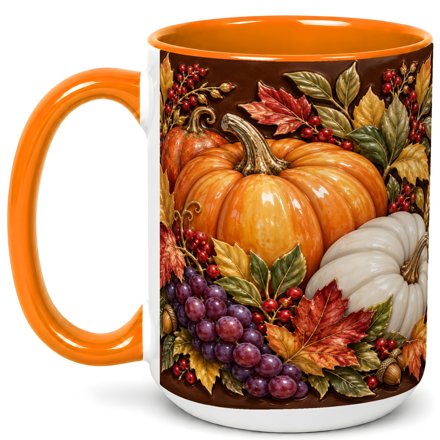 #pl[15oz|Orange] Ornate Pumpkin Harvest Coffee Mug, Autumn Leaves Mug, Ceramic Cup