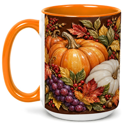 #pl[15oz|Orange] Ornate Pumpkin Harvest Coffee Mug, Autumn Leaves Mug, Ceramic Cup