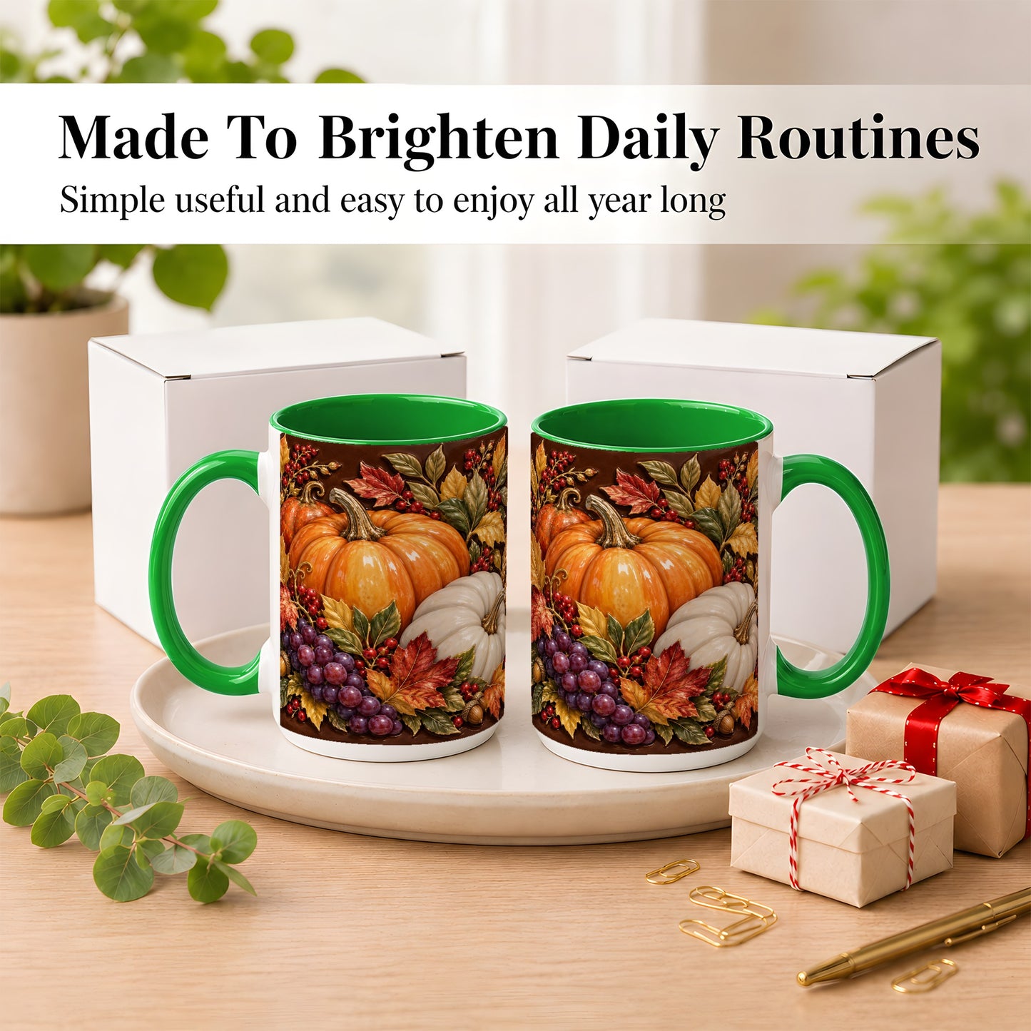 #pl[15oz|Green] Ornate Pumpkin Harvest Coffee Mug, Autumn Leaves Mug, Ceramic Cup