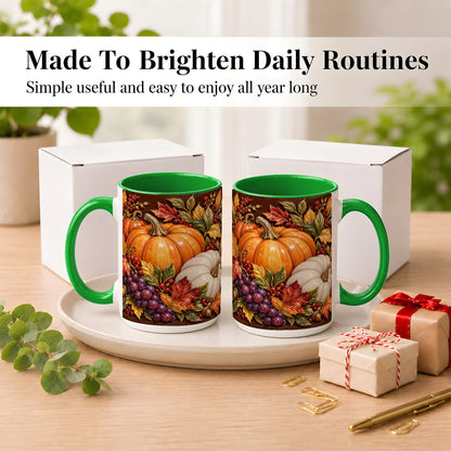 #pl[15oz|Green] Ornate Pumpkin Harvest Coffee Mug, Autumn Leaves Mug, Ceramic Cup