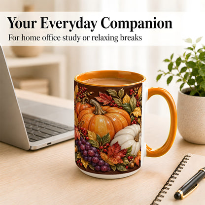 #pl[15oz|Orange] Ornate Pumpkin Harvest Coffee Mug, Autumn Leaves Mug, Ceramic Cup