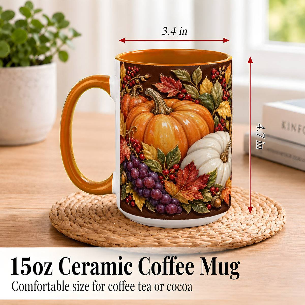 #pl[15oz|Orange] Ornate Pumpkin Harvest Coffee Mug, Autumn Leaves Mug, Ceramic Cup