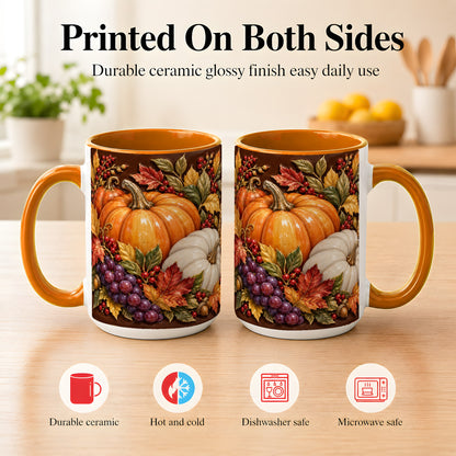 #pl[15oz|Orange] Ornate Pumpkin Harvest Coffee Mug, Autumn Leaves Mug, Ceramic Cup