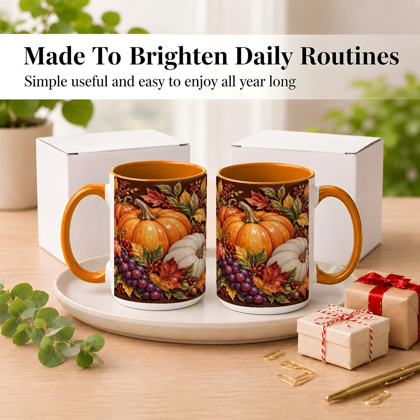#pl[15oz|Orange] Ornate Pumpkin Harvest Coffee Mug, Autumn Leaves Mug, Ceramic Cup