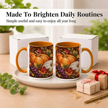 #pl[15oz|Orange] Ornate Pumpkin Harvest Coffee Mug, Autumn Leaves Mug, Ceramic Cup