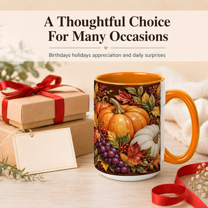 #pl[15oz|Orange] Ornate Pumpkin Harvest Coffee Mug, Autumn Leaves Mug, Ceramic Cup