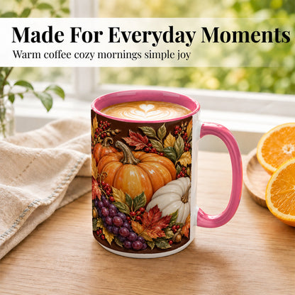 #pl[15oz|Pink] Ornate Pumpkin Harvest Coffee Mug, Autumn Leaves Mug, Ceramic Cup