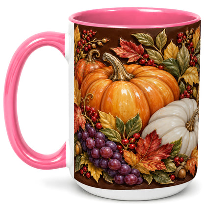 #pl[15oz|Pink] Ornate Pumpkin Harvest Coffee Mug, Autumn Leaves Mug, Ceramic Cup