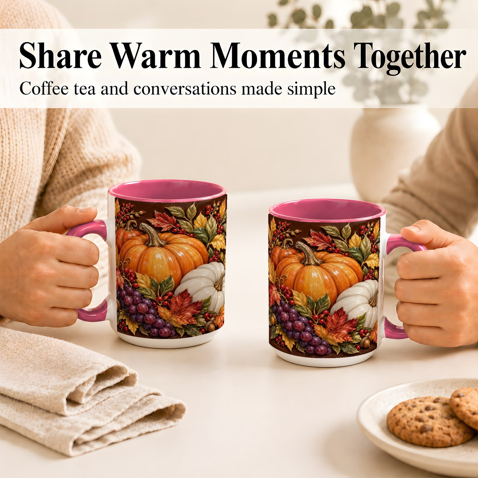 #pl[15oz|Pink] Ornate Pumpkin Harvest Coffee Mug, Autumn Leaves Mug, Ceramic Cup