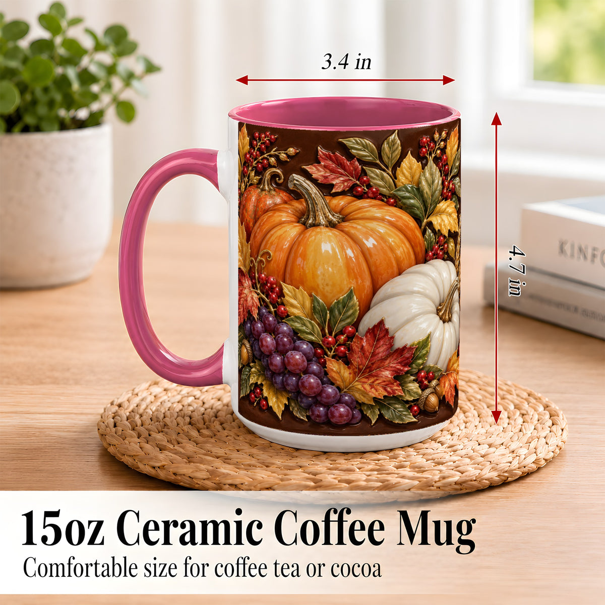 #pl[15oz|Pink] Ornate Pumpkin Harvest Coffee Mug, Autumn Leaves Mug, Ceramic Cup