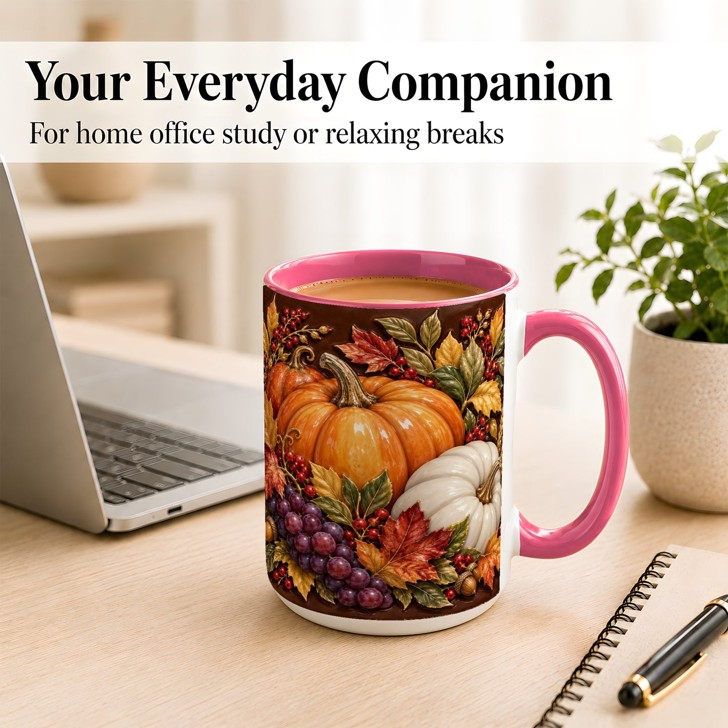 #pl[15oz|Pink] Ornate Pumpkin Harvest Coffee Mug, Autumn Leaves Mug, Ceramic Cup