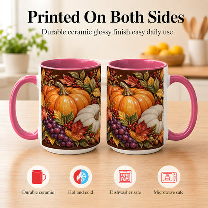 #pl[15oz|Pink] Ornate Pumpkin Harvest Coffee Mug, Autumn Leaves Mug, Ceramic Cup
