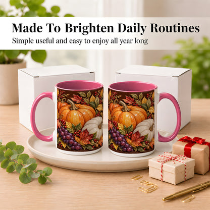 #pl[15oz|Pink] Ornate Pumpkin Harvest Coffee Mug, Autumn Leaves Mug, Ceramic Cup