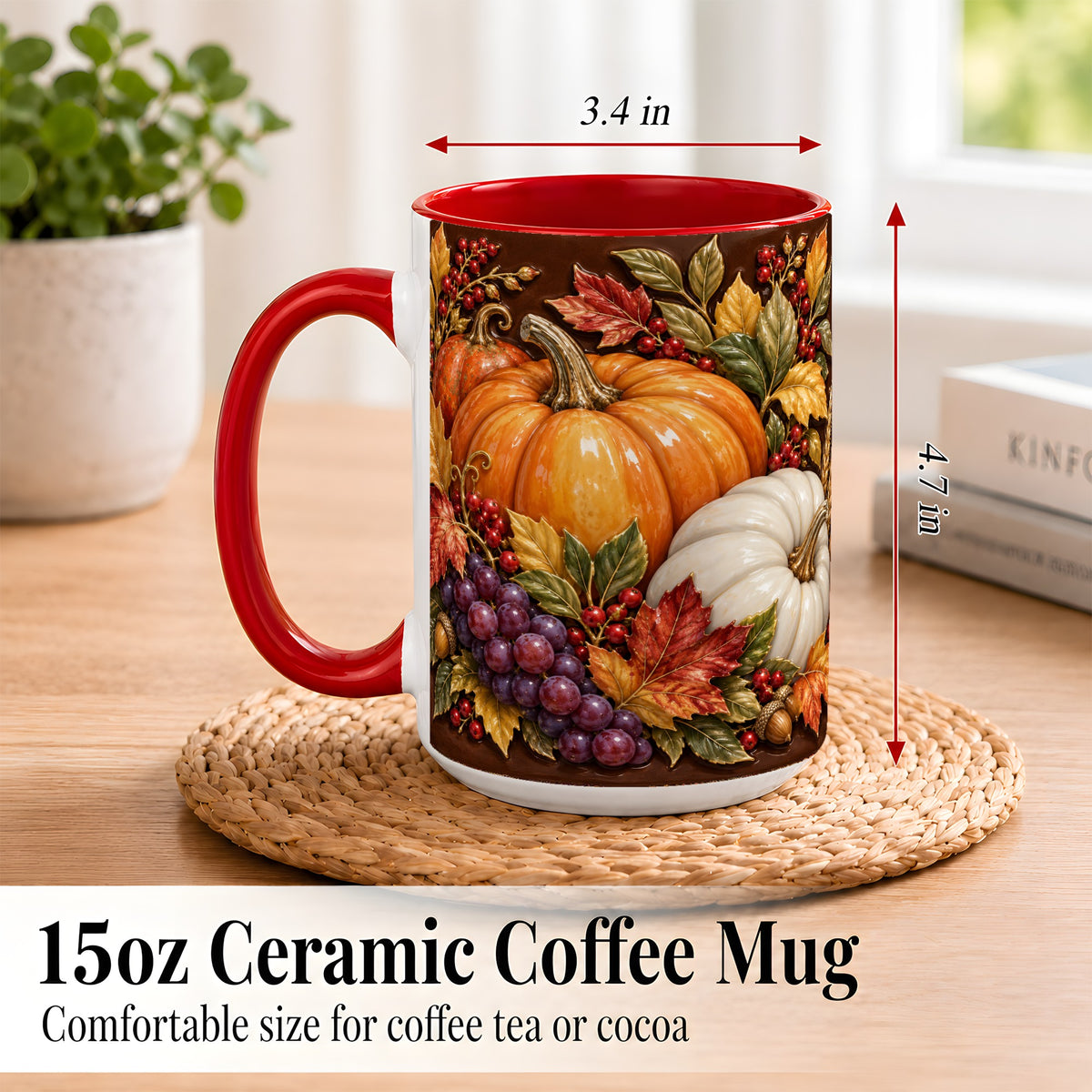 #pl[15oz|Red] Ornate Pumpkin Harvest Coffee Mug, Autumn Leaves Mug, Ceramic Cup