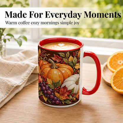 #pl[15oz|Red] Ornate Pumpkin Harvest Coffee Mug, Autumn Leaves Mug, Ceramic Cup