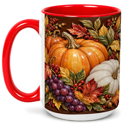 #pl[15oz|Red] Ornate Pumpkin Harvest Coffee Mug, Autumn Leaves Mug, Ceramic Cup