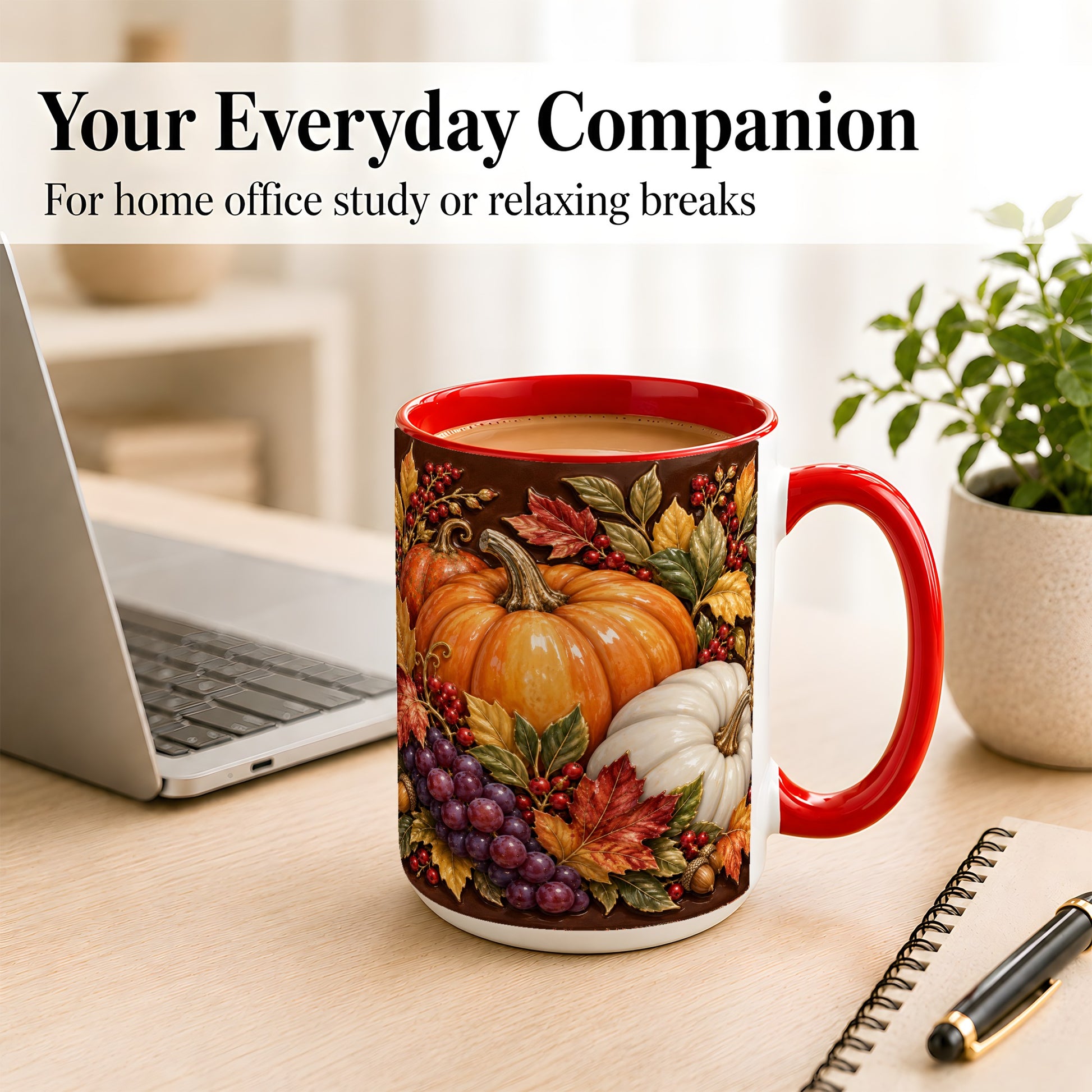 #pl[15oz|Red] Ornate Pumpkin Harvest Coffee Mug, Autumn Leaves Mug, Ceramic Cup
