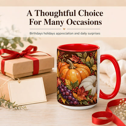#pl[15oz|Red] Ornate Pumpkin Harvest Coffee Mug, Autumn Leaves Mug, Ceramic Cup
