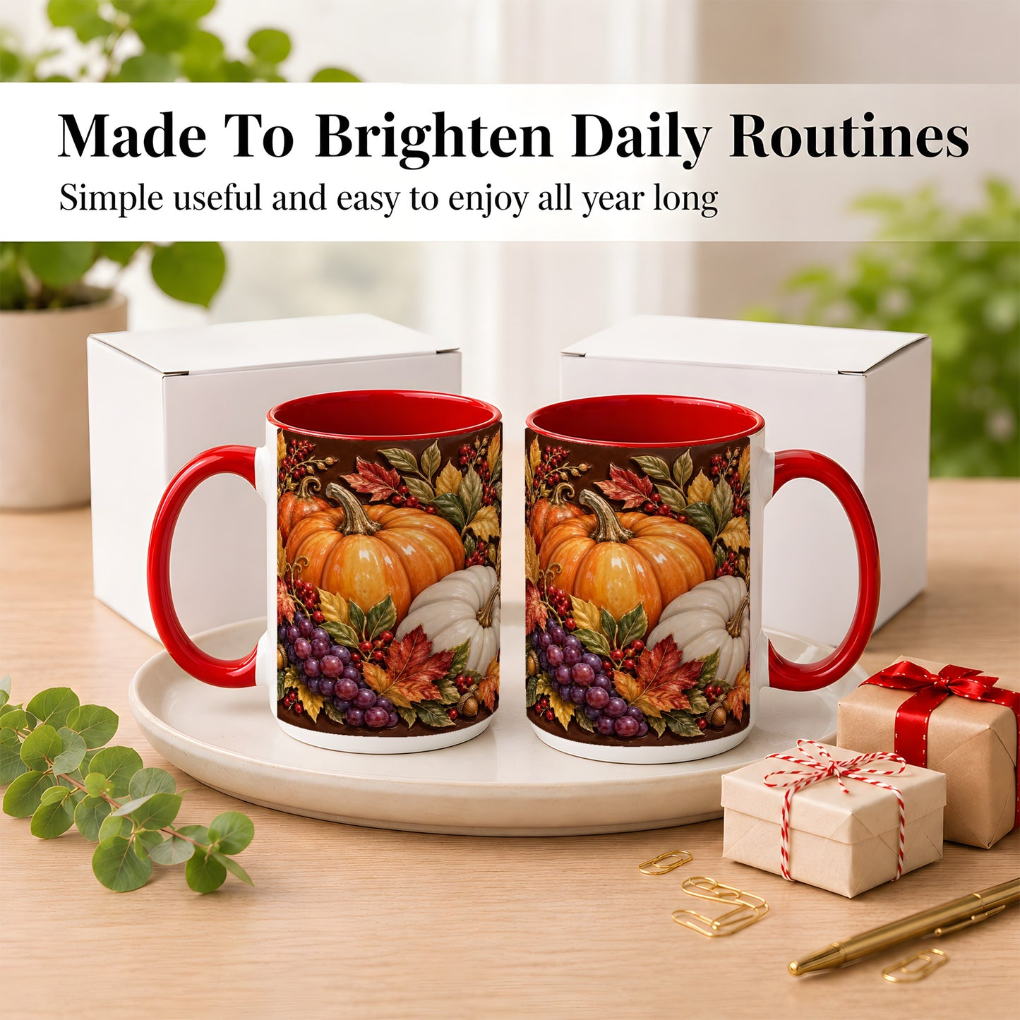 #pl[15oz|Red] Ornate Pumpkin Harvest Coffee Mug, Autumn Leaves Mug, Ceramic Cup