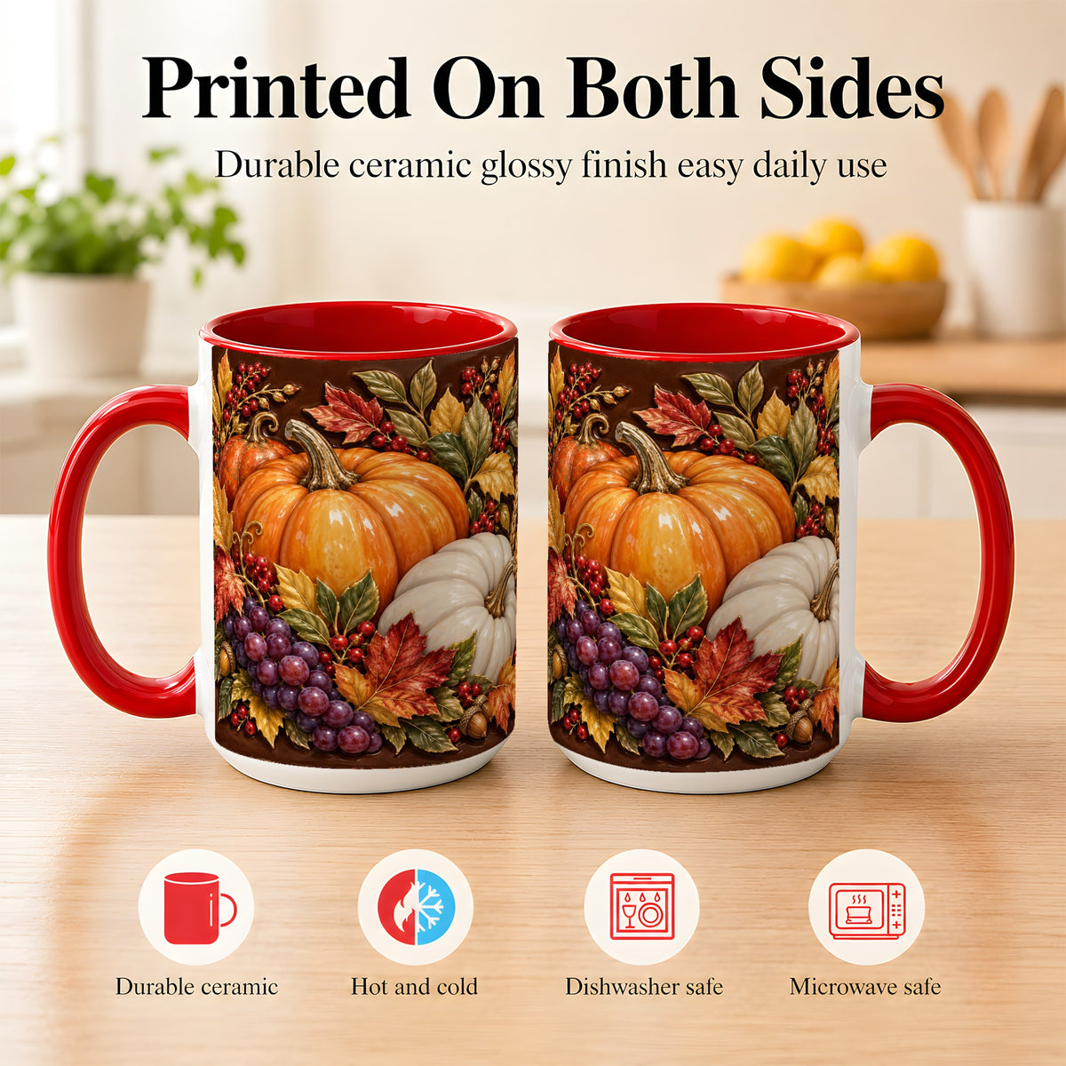 #pl[15oz|Red] Ornate Pumpkin Harvest Coffee Mug, Autumn Leaves Mug, Ceramic Cup