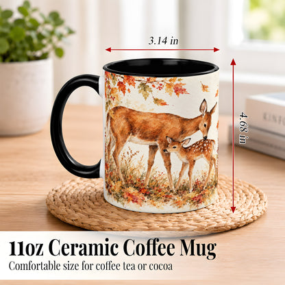 #pl[11oz|Black] Watercolor Doe and Fawn Coffee Mug, Autumn Deer Mug, Ceramic Cup