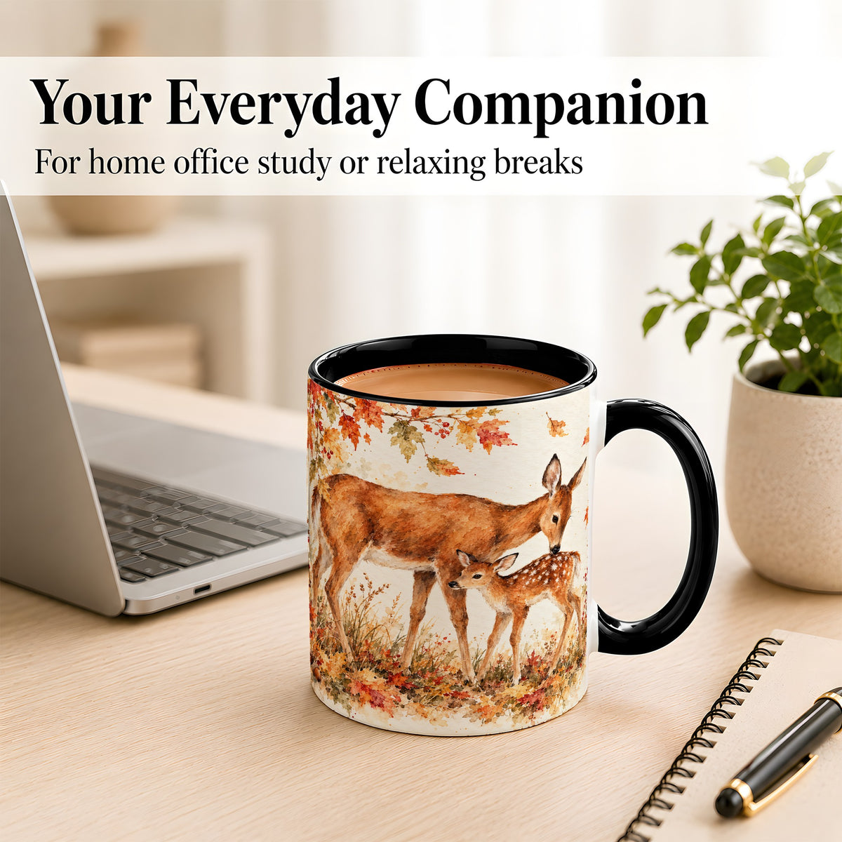 #pl[11oz|Black] Watercolor Doe and Fawn Coffee Mug, Autumn Deer Mug, Ceramic Cup
