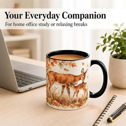 #pl[11oz|Black] Watercolor Doe and Fawn Coffee Mug, Autumn Deer Mug, Ceramic Cup