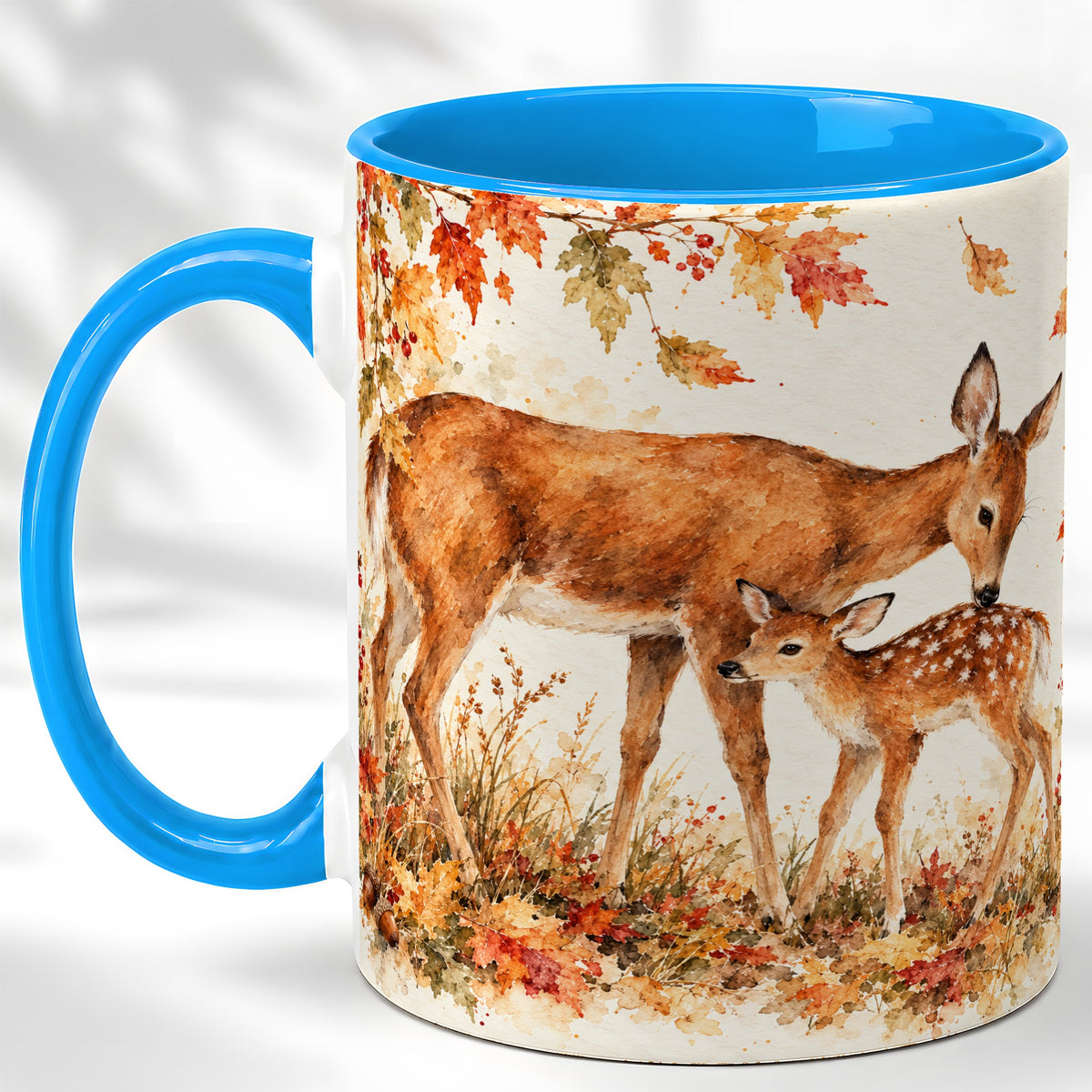 #pl[11oz|Blue] Watercolor Doe and Fawn Coffee Mug, Autumn Deer Mug, Ceramic Cup