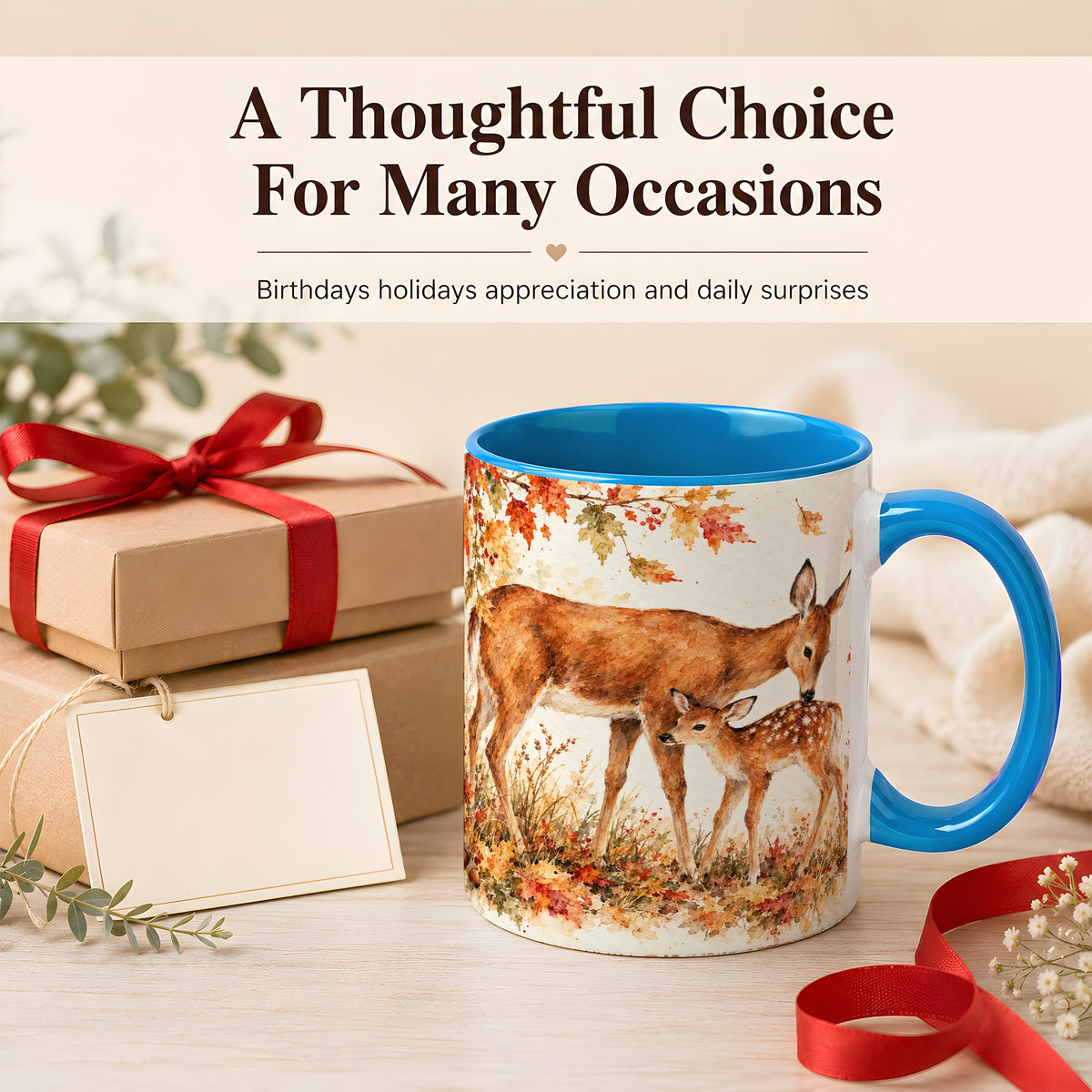 #pl[11oz|Blue] Watercolor Doe and Fawn Coffee Mug, Autumn Deer Mug, Ceramic Cup