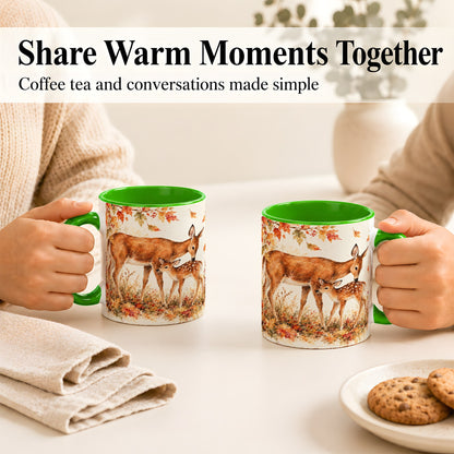 #pl[11oz|Green] Watercolor Doe and Fawn Coffee Mug, Autumn Deer Mug, Ceramic Cup