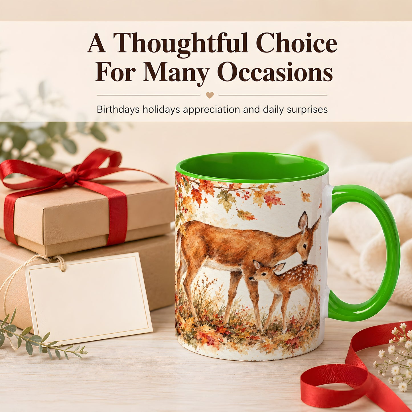 #pl[11oz|Green] Watercolor Doe and Fawn Coffee Mug, Autumn Deer Mug, Ceramic Cup