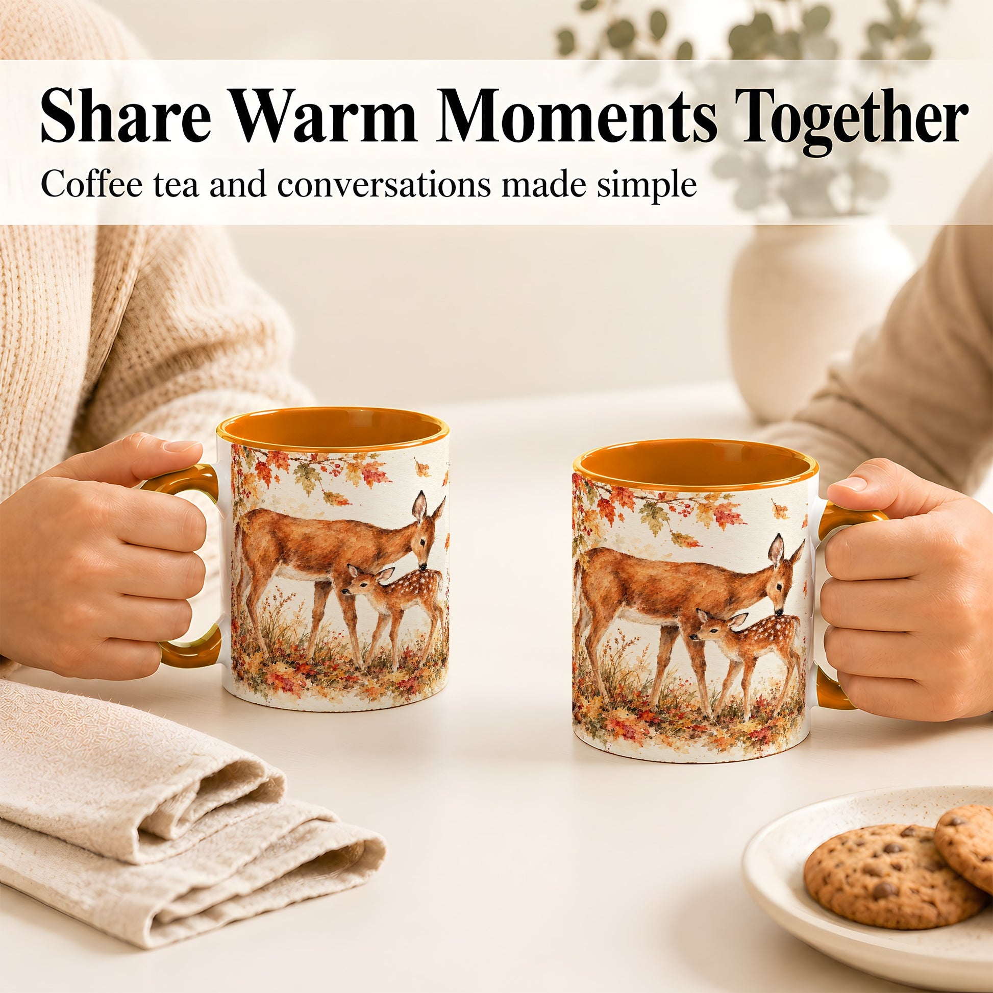 #pl[11oz|Orange] Watercolor Doe and Fawn Coffee Mug, Autumn Deer Mug, Ceramic Cup
