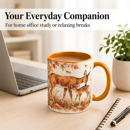#pl[11oz|Orange] Watercolor Doe and Fawn Coffee Mug, Autumn Deer Mug, Ceramic Cup