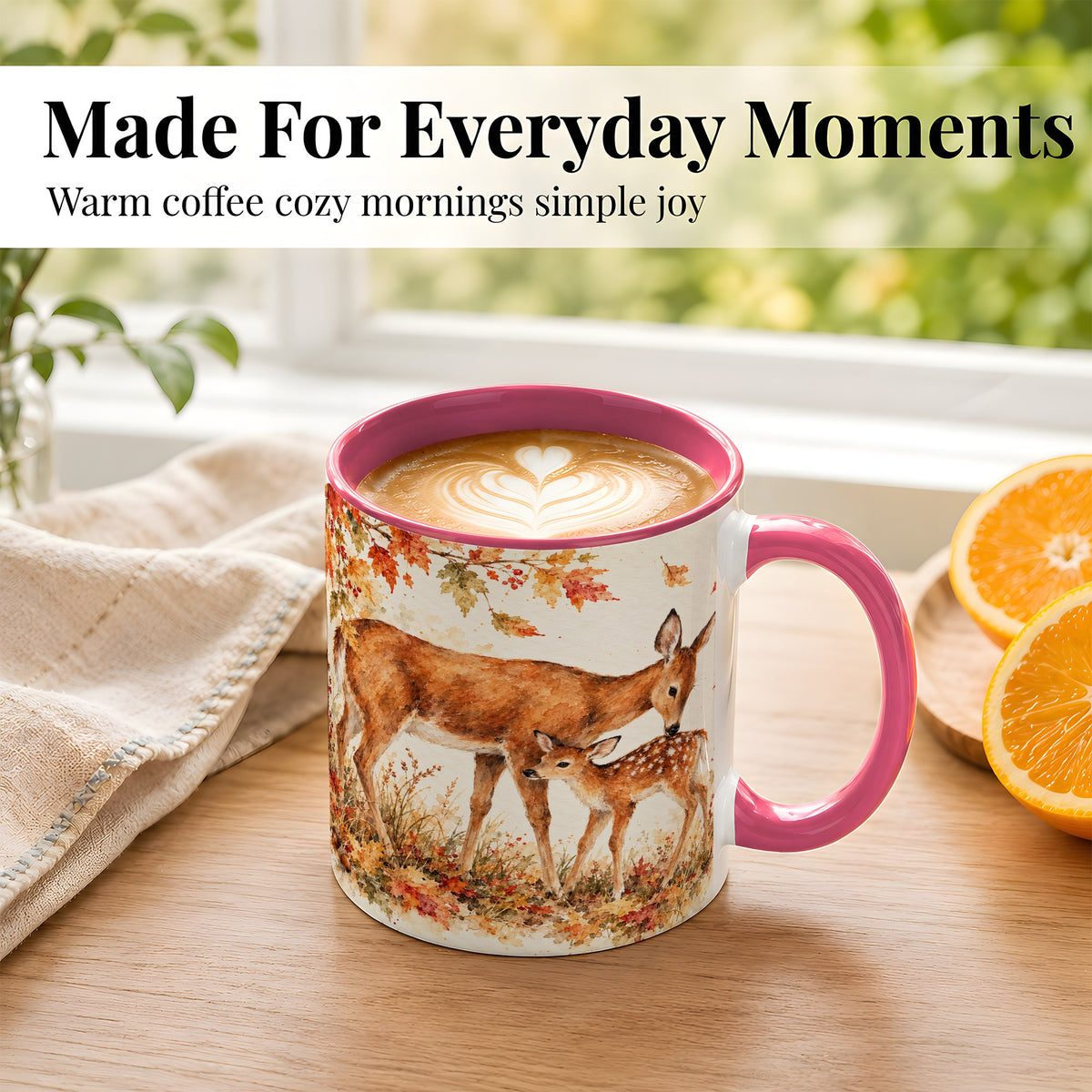 #pl[11oz|Pink] Watercolor Doe and Fawn Coffee Mug, Autumn Deer Mug, Ceramic Cup